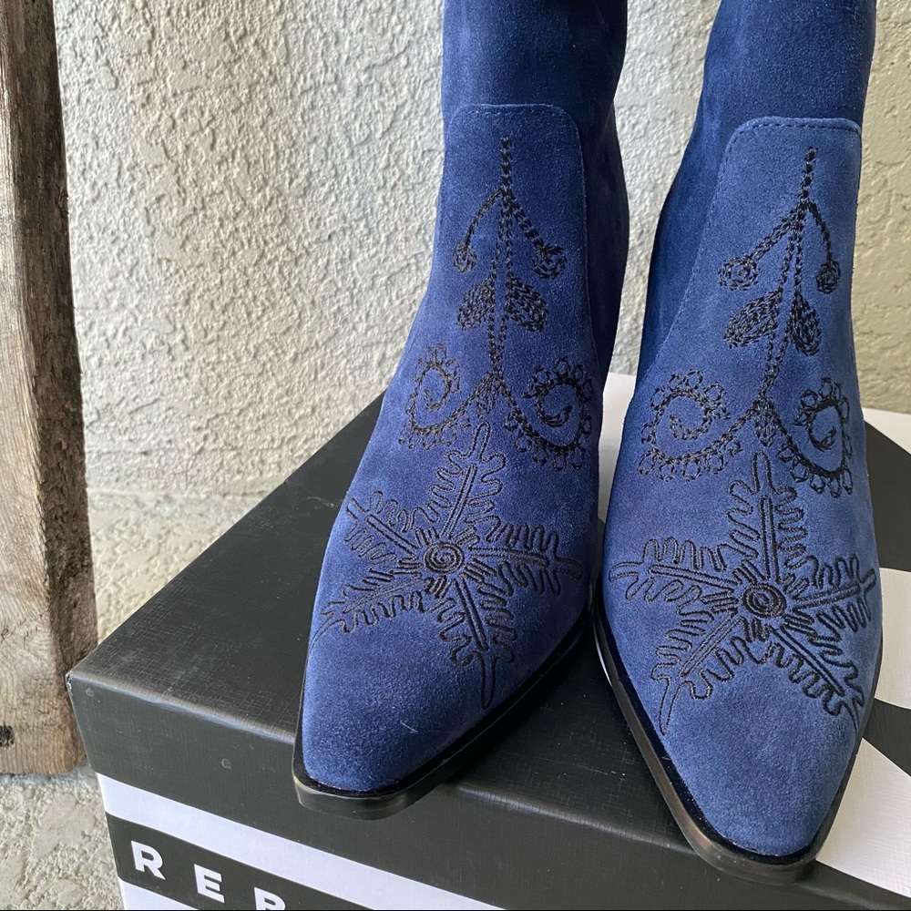 Embroidered Navy Blue Suede Cowboy Boots